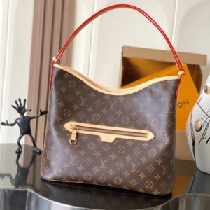 Louis Vuitton introduces the Lineup handbag from its Monogram collection. The canvas body features the classic pattern, contrasted by leather trim. A front zip pocket is adorned with striking metal hardware. Ample space can accommodate a laptop, while an interior slip pocket neatly holds a phone or cardholder.  Dimensions: 34.5 x 26 x 13 cm