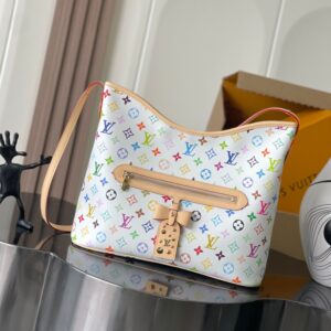 This Lineup handbag features vibrant colors on Monogram canvas, with metal studs on the address tag complementing other metal hardware, and a graceful bow embellishment. Dimensions: 34.5 x 26 x 13 cm