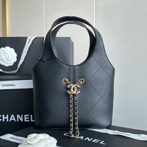 This bag is crafted from calfskin. The leather feels substantial, combining the supple softness of lambskin with the durability of cowhide; it features a matte-like finish and is accented with top-tier, solid steel gold-tone hardware. Dimensions: 27.5 x 21 x 10 cm
