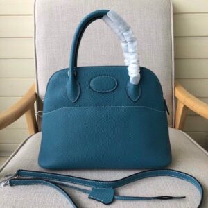 Hermès Bolide 31cm in Medium Blue Togo leather with gold hardware.
